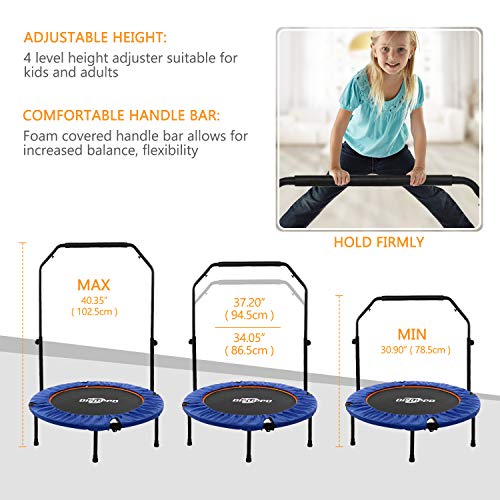 DISUPPO Trampolín Plegable, Mini trampolín reboteador de 40", trampolín de Ejercicio con pasamanos Ajustable para Interiores/jardín/Cardio-MAX Load 220lbs