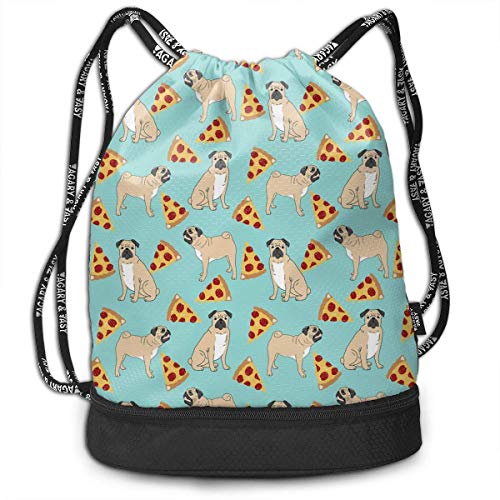 Divertido Vector Perros Pug Cachorros Patrón Pizza Mochila con cordón Viajando Gimnasio Gymsack Bolsa de gran capacidad Viga, Almacenamiento en viajes para el hogar Uso Regalo para hombres y muje