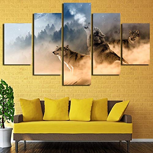 Djdasn Modern Canvas Pictures Hd Impreso Wall Art 5 Piezas Forest Animal Wolves Howling Mountain Landscape Living Room Home Decor oficina estudiar cabecera dormitorio sala bar Fondo de la pared Gimna