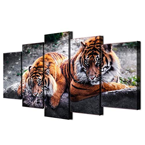 Djdasn Pintura De La Lona Sala De Estar Cartel De La Pared 5 Panel Animal Tigre En Decoración Modular Impresión Imágenes Modulares oficina estudiar cabecera dormitorio sala bar Fondo de la pared Gimn