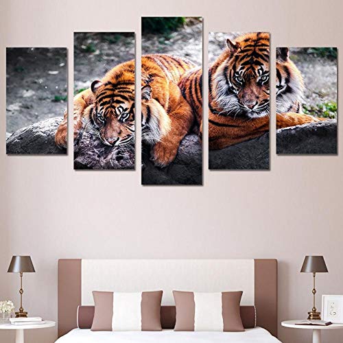 Djdasn Pintura De La Lona Sala De Estar Cartel De La Pared 5 Panel Animal Tigre En Decoración Modular Impresión Imágenes Modulares oficina estudiar cabecera dormitorio sala bar Fondo de la pared Gimn