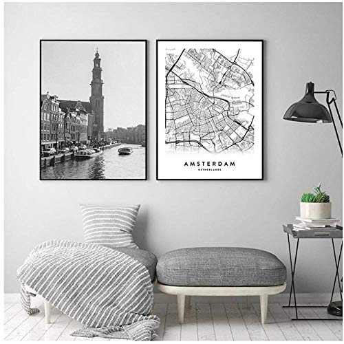 DLFALG Amsterdam City Map Set Poster Print Black White Wall Art Picture Decoración del hogar Estilo nórdico Decoración para sala de estar-40x60cmx2 Sin marco ·