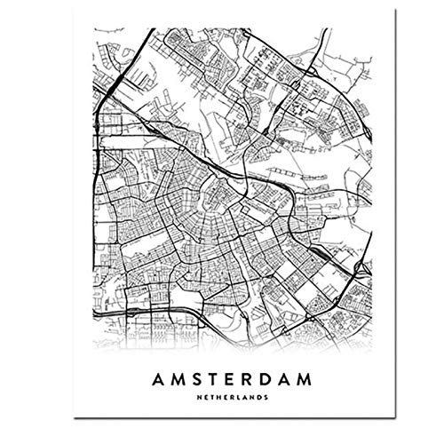 DLFALG Amsterdam City Map Set Poster Print Black White Wall Art Picture Decoración del hogar Estilo nórdico Decoración para sala de estar-40x60cmx2 Sin marco ·