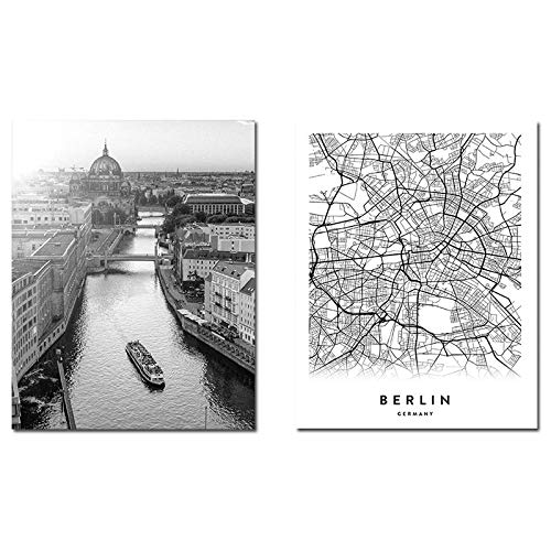 DLFALG Berlín City lienzo pintura mapa cartel impresión moderno arte de pared en blanco y negro imágenes de pared decorativas nórdicas para sala de estar-40x50cmx2 sin marco