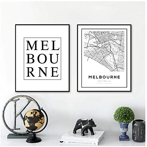DLFALG Melbourne Map Print Australia City Road Map Art Canvas Painting Blanco y negro Minimalismo Imágenes Sala de estar Home Wall Deco-40x50cmx2 Sin marco