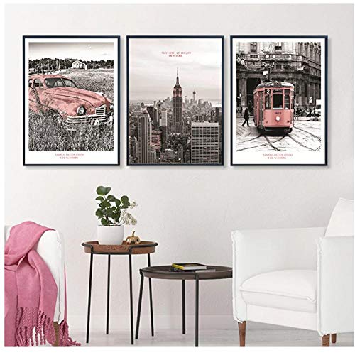DLFALG Modern Vintage City Scene Pink Rail Transit Coche Nueva York Pinturas en lienzo Impresión de póster Imágenes artísticas de pared Sala de estar Decoración del hogar 40x60cmx3 Sin marco