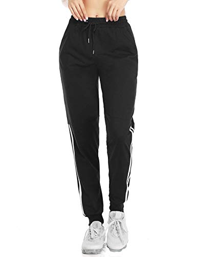 Doaraha Pantalones Deportivos Mujer 100% Algodón Pantalones Chandal de Raya Pantalones Jogger para Running,Fitness,Yoga(Negro)