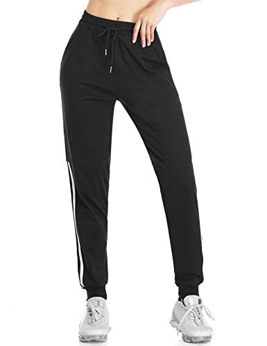 Doaraha Pantalones Deportivos Mujer 100% Algodón Pantalones Chandal de Raya Pantalones Jogger para Running,Fitness,Yoga(Negro)