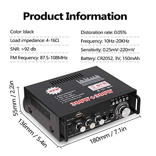 Docooler 12 V/220V Mini Amplificador Audio Bluetooth,HiFi Audio Estéreo Amplificador 2CH Pantalla LCD de Alta fidelidad , BT FM Radio Portátil Auto Home 600 W, Mando a Distancia Audio Amplificador