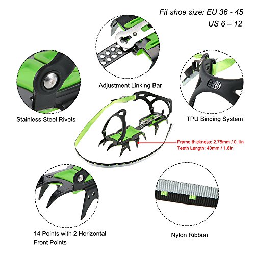 Docooler 14 Puntos Pinzas Dentadas Crampones Escalada en Hielo de Acero al Manganeso Crampón Dispositivo de Tracción (Verde-Dientes Largos) Docooler 14 Puntos Pinzas Dentadas Crampones Escalada en Hielo de Acero al Manganeso Crampón Dispositivo de Tracción (Verde-Dientes Largos)