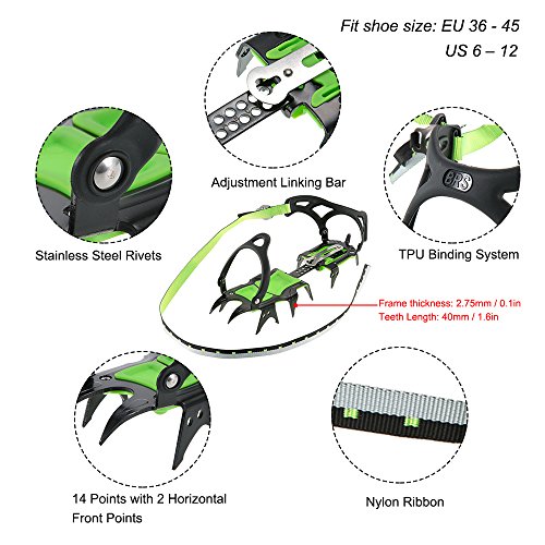 Docooler 14 Puntos Pinzas Dentadas Crampones Escalada en Hielo de Acero al Manganeso Crampón Dispositivo de Tracción (Verde-Dientes Largos)