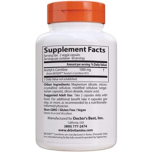 Doctor's Best Acetyl L-Carnitine with Biosint Carnitines, 500mg - 120 vcaps 120 unidades 140 g Doctor's Best Acetyl L-Carnitine with Biosint Carnitines, 500mg - 120 vcaps 120 unidades 140 g