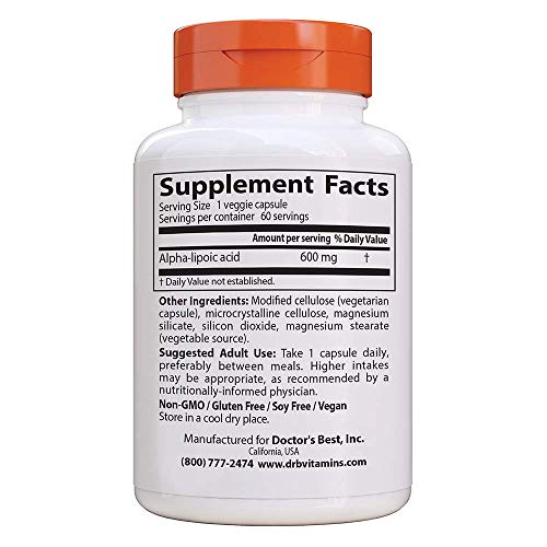 Doctor's Best, Ácido Alfa-Lipoico, 600 mg, 60 Cápsulas vegetarianas, sin soja, sin gluten Doctor's Best, Ácido Alfa-Lipoico, 600 mg, 60 Cápsulas vegetarianas, sin soja, sin gluten