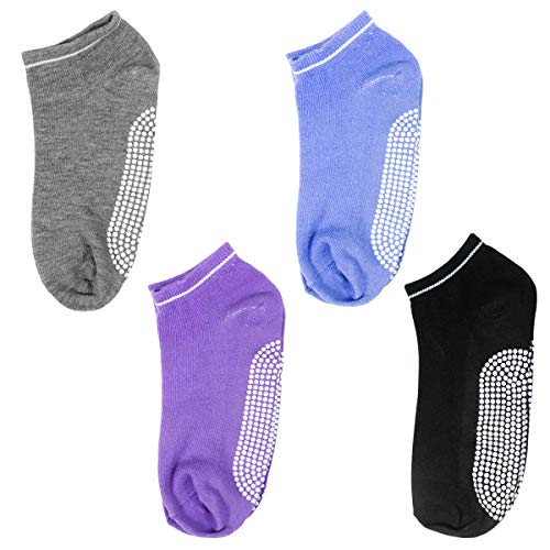 Dokpav Calcetines Pilates Yoga 4 Par Calcetines Antideslizantes de Deporte Traspirable Mujer para Yoga Pilates Barra Ballet Danza Fitness Algodon (Violeta/Azul/Gris/Negro)