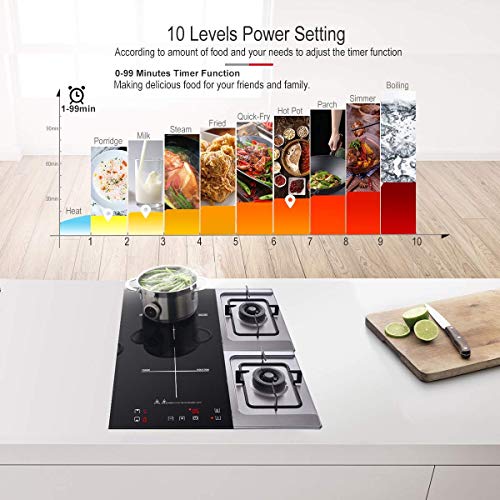 Domino placa inducción, Amzchef doble placa de inducción con superficie de cristal negro,control táctil del sensor y bloqueo para niños,10 niveles de potencia y configuración del temporizador 3300W