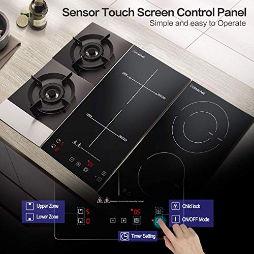 Domino placa inducción, Amzchef doble placa de inducción con superficie de cristal negro,control táctil del sensor y bloqueo para niños,10 niveles de potencia y configuración del temporizador 3300W