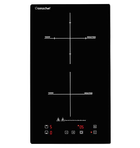 Domino placa inducción, Amzchef doble placa de inducción con superficie de cristal negro,control táctil del sensor y bloqueo para niños,10 niveles de potencia y configuración del temporizador 3300W