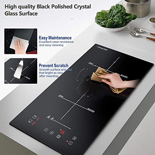 Domino placa inducción, Amzchef doble placa de inducción con superficie de cristal negro,control táctil del sensor y bloqueo para niños,10 niveles de potencia y configuración del temporizador 3300W