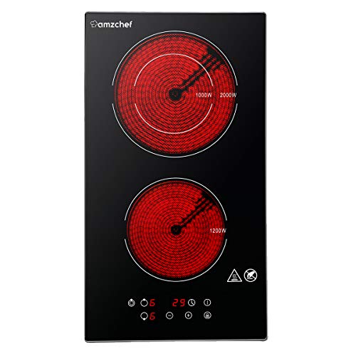 Domino placa vitrocerámica,Amzchef eléctrica vitrocerámica con superficie de vidrio negro pulido, control táctil y bloqueo para niños,temporizador y 9 de potencia,adecuados para cualquier olla