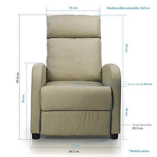 Don Descanso - Sillón Reclinable Tela Verona Beige, Sillón Relax con Reposapiés, Sistema de Apertura Push, Compacto, 2 Posiciones de Tumbada y Posición Cero, Butaca Salón Reclinable hasta 160º