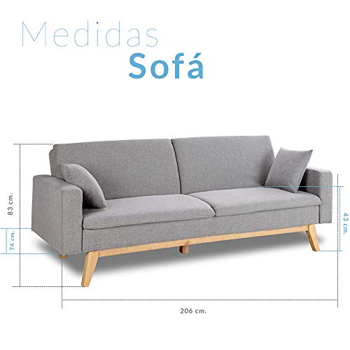 Don Descanso, Sofá Cama 3 plazas Reine, Tapizado en Tela, Color Gris Claro, Sistema Apertura de Libro o Clic-clac, Medida sofá: 206x74x83 cm, Medida Cama: 206x99x83 cm, Incluye 2 Cojines Don Descanso, Sofá Cama 3 plazas Reine, Tapizado en Tela, Color Gris Claro, Sistema Apertura de Libro o Clic-clac, Medida sofá: 206x74x83 cm, Medida Cama: 206x99x83 cm, Incluye 2 Cojines