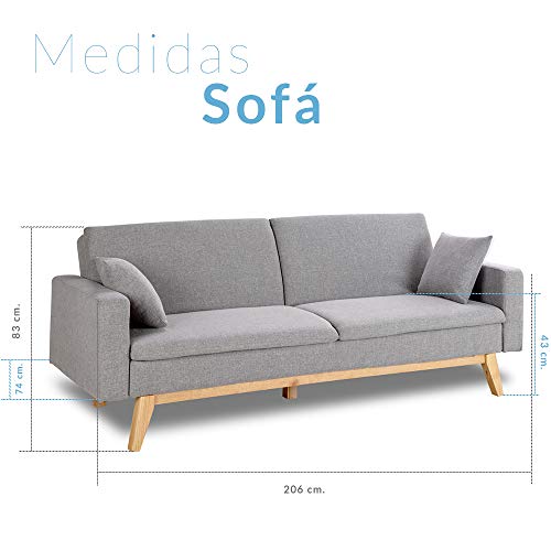 Don Descanso, Sofá Cama 3 plazas Reine, Tapizado en Tela, Color Gris Claro, Sistema Apertura de Libro o Clic-clac, Medida sofá: 206x74x83 cm, Medida Cama: 206x99x83 cm, Incluye 2 Cojines