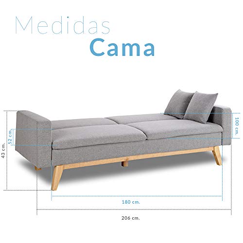 Don Descanso, Sofá Cama 3 plazas Reine, Tapizado en Tela, Color Gris Claro, Sistema Apertura de Libro o Clic-clac, Medida sofá: 206x74x83 cm, Medida Cama: 206x99x83 cm, Incluye 2 Cojines Don Descanso, Sofá Cama 3 plazas Reine, Tapizado en Tela, Color Gris Claro, Sistema Apertura de Libro o Clic-clac, Medida sofá: 206x74x83 cm, Medida Cama: 206x99x83 cm, Incluye 2 Cojines
