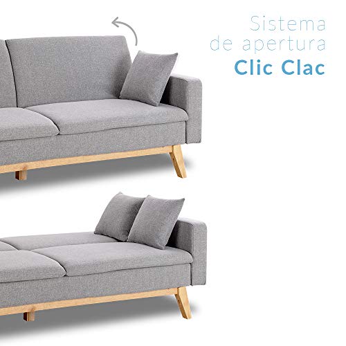 Don Descanso, Sofá Cama 3 plazas Reine, Tapizado en Tela, Color Gris Claro, Sistema Apertura de Libro o Clic-clac, Medida sofá: 206x74x83 cm, Medida Cama: 206x99x83 cm, Incluye 2 Cojines Don Descanso, Sofá Cama 3 plazas Reine, Tapizado en Tela, Color Gris Claro, Sistema Apertura de Libro o Clic-clac, Medida sofá: 206x74x83 cm, Medida Cama: 206x99x83 cm, Incluye 2 Cojines