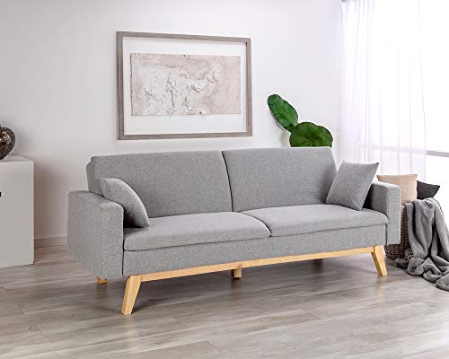 Don Descanso, Sofá Cama 3 plazas Reine, Tapizado en Tela, Color Gris Claro, Sistema Apertura de Libro o Clic-clac, Medida sofá: 206x74x83 cm, Medida Cama: 206x99x83 cm, Incluye 2 Cojines Don Descanso, Sofá Cama 3 plazas Reine, Tapizado en Tela, Color Gris Claro, Sistema Apertura de Libro o Clic-clac, Medida sofá: 206x74x83 cm, Medida Cama: 206x99x83 cm, Incluye 2 Cojines