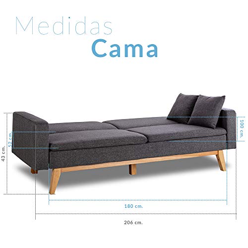 Don Descanso, Sofá Cama 3 plazas Reine, Tapizado en Tela, Color Gris Marengo, Sistema Apertura de Libro o Clic-clac, Medida sofá: 206x74x83 cm, Medida Cama: 206x99x83 cm, Incluye 2 Cojines Don Descanso, Sofá Cama 3 plazas Reine, Tapizado en Tela, Color Gris Marengo, Sistema Apertura de Libro o Clic-clac, Medida sofá: 206x74x83 cm, Medida Cama: 206x99x83 cm, Incluye 2 Cojines