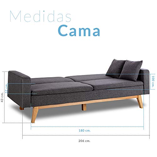 Don Descanso, Sofá Cama 3 plazas Reine, Tapizado en Tela, Color Gris Marengo, Sistema Apertura de Libro o Clic-clac, Medida sofá: 206x74x83 cm, Medida Cama: 206x99x83 cm, Incluye 2 Cojines