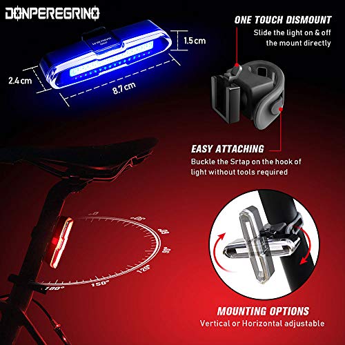 DONPEREGRINO B2-110 Lúmenes Luz Trasera Bicicleta Potente LED en Roja/Azul, Luz Bicicleta Trasera Recargable USB de Alto Brillo con 5 Modos Fijos e Intermitentes