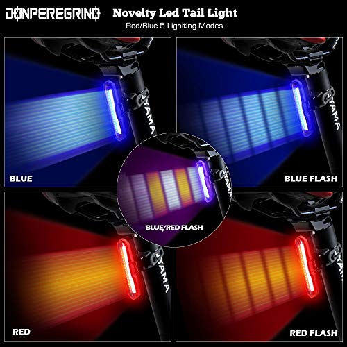 DONPEREGRINO B2-110 Lúmenes Luz Trasera Bicicleta Potente LED en Roja/Azul, Luz Bicicleta Trasera Recargable USB de Alto Brillo con 5 Modos Fijos e Intermitentes