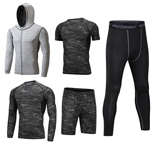 Dooxii Hombre 5 Piezas Secado Rápido Conjunto Compresión Ropa Sudaderas con Capucha y Pantalones Cortos y Leggings y Manga Corta y Manga Larga Tops Apretada para Running Fitness Entrenamiento M