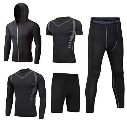 Dooxii Hombre 5 Piezas Secado Rápido Conjunto Compresión Ropa Sudaderas con Capucha y Pantalones Cortos y Leggings y Manga Corta y Manga Larga Tops Apretada para Running Fitness Entrenamiento M