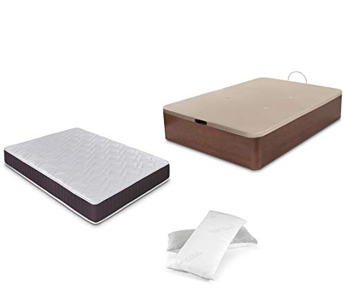 Dormidán - Pack de canapé abatible de Gran Capacidad + colchón viscoelástico + Almohada visco Copos de Regalo (135_x_190_cm, Cerezo)