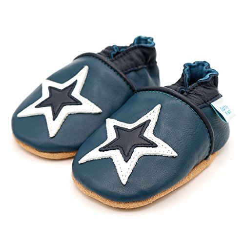 Dotty Fish Zapatos de Cuero Suave para bebés. Antideslizante. Azul Marino y Estrella Blanca. 12-18 Meses (21 EU)