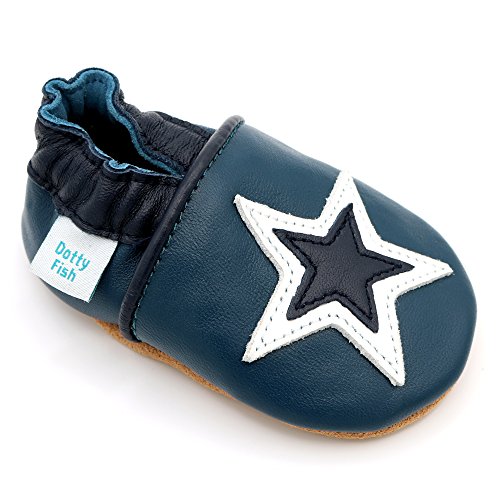 Dotty Fish Zapatos de Cuero Suave para bebés. Antideslizante. Azul Marino y Estrella Blanca. 12-18 Meses (21 EU)