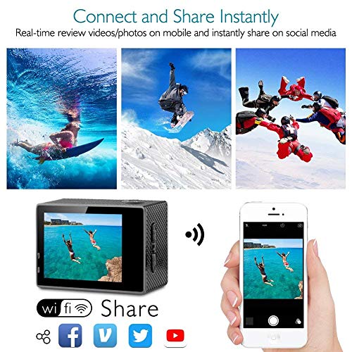 Dragon Touch Cámara Deportiva 4K WiFi 16MP Cámara de Acción con Control Remoto Cámara Sumergible Acuática 30m Impermeable 170° Gran Angular Videocámara con 2 Baterías Multi Accesorios (Vision 3)