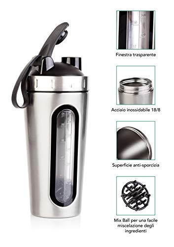 Dream Fit | Coctelera para proteínas | Coctelera de gimnasio | Botella de acero inoxidable con ventana transparente y capacidad máxima 900 ml con pulsera de silicona – plateado Dream Fit | Coctelera para proteínas | Coctelera de gimnasio | Botella de acero inoxidable con ventana transparente y capacidad máxima 900 ml con pulsera de silicona – plateado
