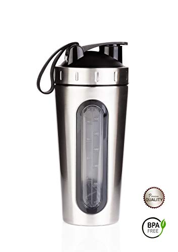 Dream Fit | Coctelera para proteínas | Coctelera de gimnasio | Botella de acero inoxidable con ventana transparente y capacidad máxima 900 ml con pulsera de silicona – plateado Dream Fit | Coctelera para proteínas | Coctelera de gimnasio | Botella de acero inoxidable con ventana transparente y capacidad máxima 900 ml con pulsera de silicona – plateado