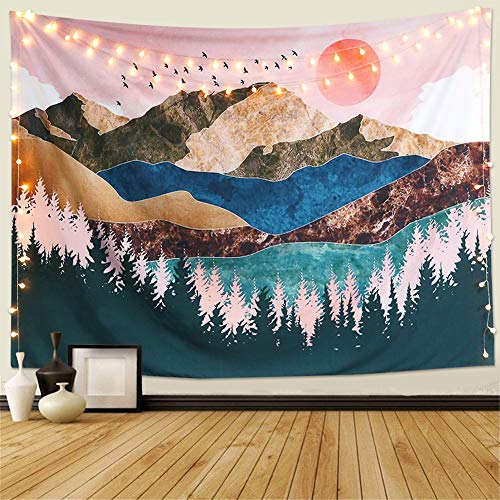 Dremisland Sol Tapiz de Pared Bosque Árbol Tapiz Montaña Colgante de Pared Psicodélico Naturaleza Paisaje Tapiz Decoración del hogar para Dormitorio Sala de Estar (Vistoso, M / 130 X 150 cm)