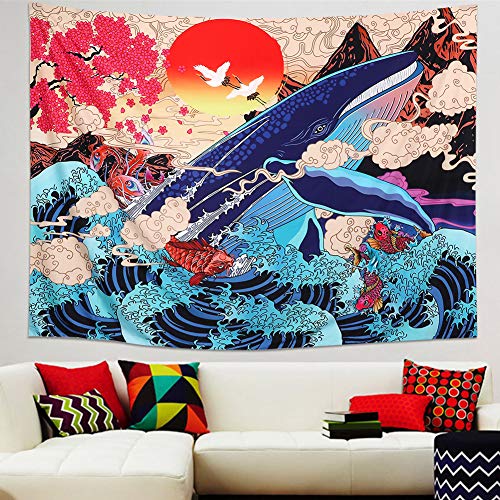 Dremisland Tapiz japonés Ukiyo-e Ola Mar Tapiz de Pared Grande Ballena Animal Tapiz Sol Naturaleza Paisaje Colgar en la Pared Decoración para Dormitorio Sala de Estar (M/130cmX150cm)