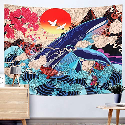 Dremisland Tapiz japonés Ukiyo-e Ola Mar Tapiz de Pared Grande Ballena Animal Tapiz Sol Naturaleza Paisaje Colgar en la Pared Decoración para Dormitorio Sala de Estar (M/130cmX150cm)