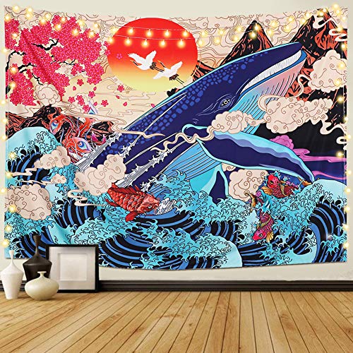 Dremisland Tapiz japonés Ukiyo-e Ola Mar Tapiz de Pared Grande Ballena Animal Tapiz Sol Naturaleza Paisaje Colgar en la Pared Decoración para Dormitorio Sala de Estar (M/130cmX150cm)