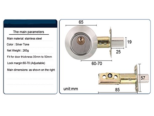 Drenky Cerradura de cilindro simple de acero inoxidable Perilla de mango de bloqueo de seguridad, pestillo ajustable 60 mm - 70 mm, con llaves