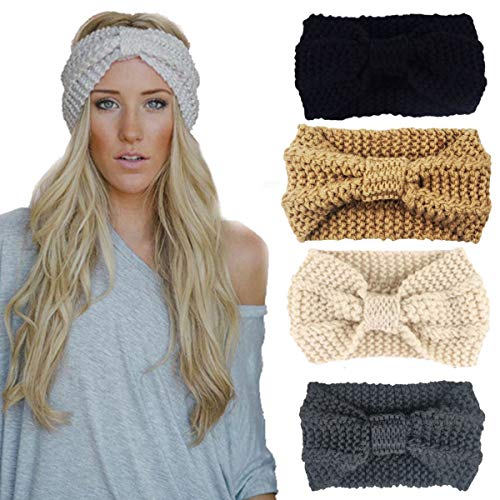 DRESHOW 4 Piezas Crochet Arco Turbante Knit Diadema Mujer Invierno Vendas Elasticas Anchas Tejida Lana Cintas Para El Pelo Banda de pelo más cálido