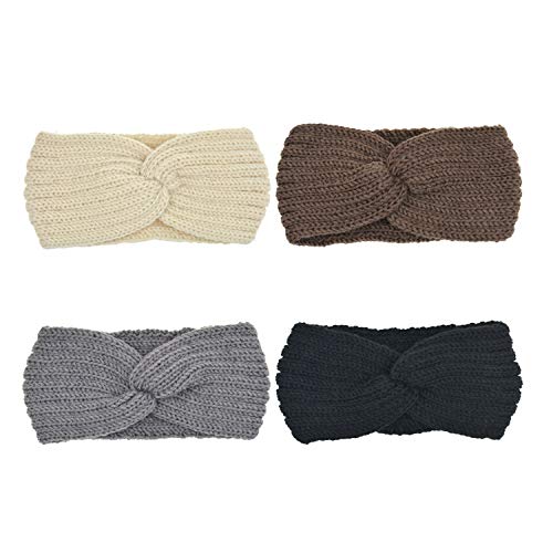 DRESHOW 4 Piezas Crochet Arco Turbante Knit Diadema Mujer Invierno Vendas Elasticas Anchas Tejida Lana Cintas Para El Pelo Banda de pelo más cálido