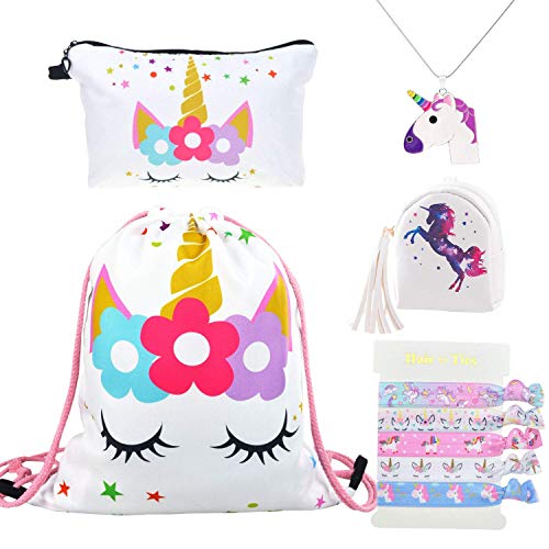 DRESHOW 5 Piezas Unicornios Regalos para Niñas - Mochila con Cordón/Maquillaje Bolsa/PU Monedero Bolsos de Embrague/Collar/Cintas para el pelo