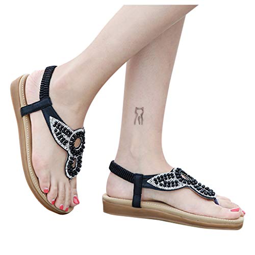 DressLksnf Sandalias Planas Verano Mujer Estilo Bohemia Zapatos de Dedo Sandalias Talla Grande Cinta Elástica Sandalias Casuales de Playa Chanclas Romanas